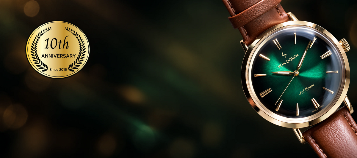Von Doren Aksla Jubileum with an emerald green dial, gold-tone case and brown leather strap. An elegant anniversary watch inspired by Ålesund.