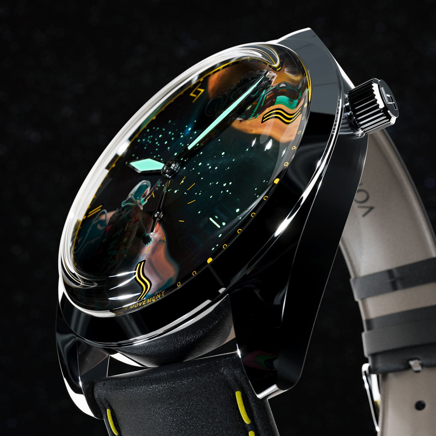 Close-up side view of the Engwind x Von Doren watch with astronaut art and curved sapphire crystal.