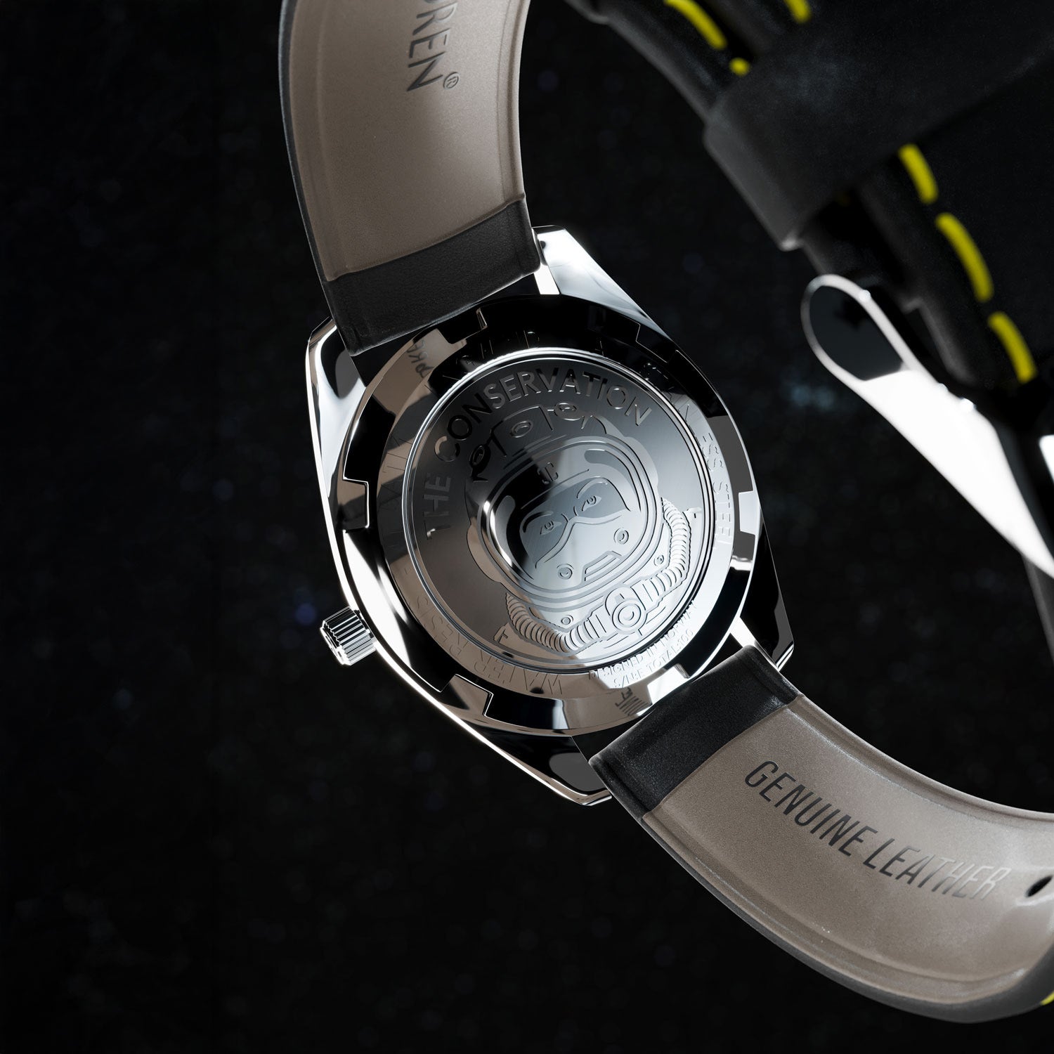 Engraved caseback of the Engwind x Von Doren watch featuring astronaut artwork.