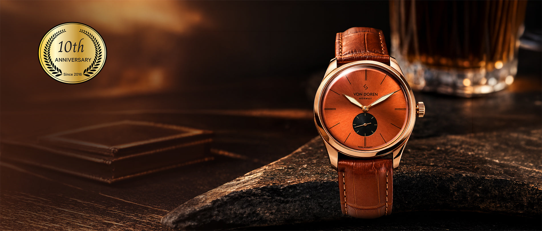 Von Doren Runde Vintage watch featuring a copper sunburst dial, rose-gold case.