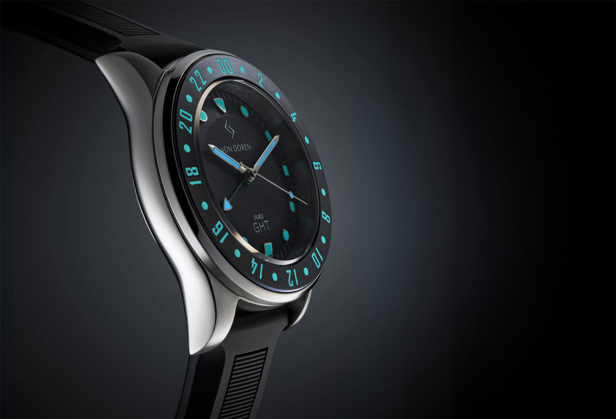 Von Doren URÆD GMT watch in a dramatic side-angle close-up.