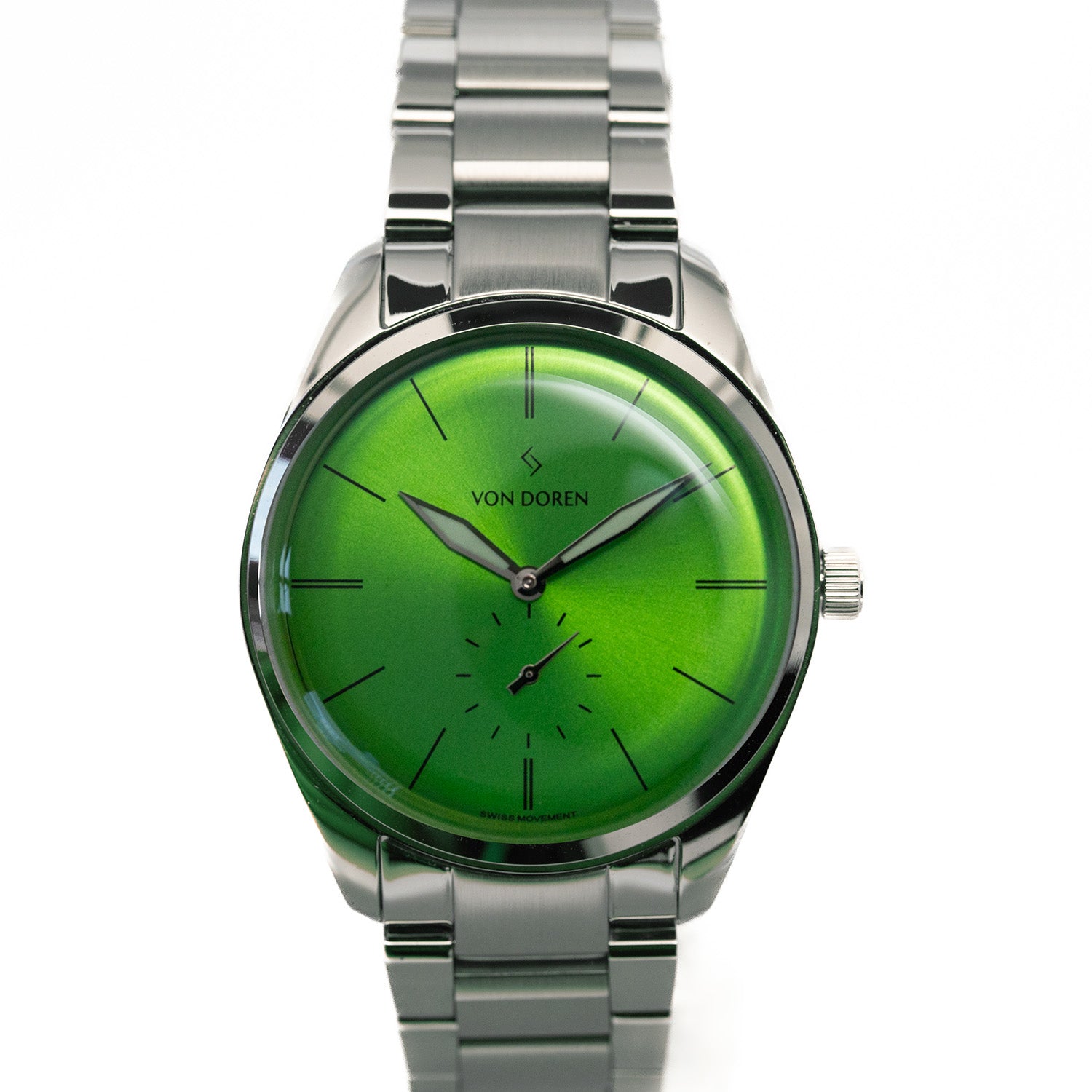 Von Doren-klokke med grønn sunburst-tallskive og stållenke.