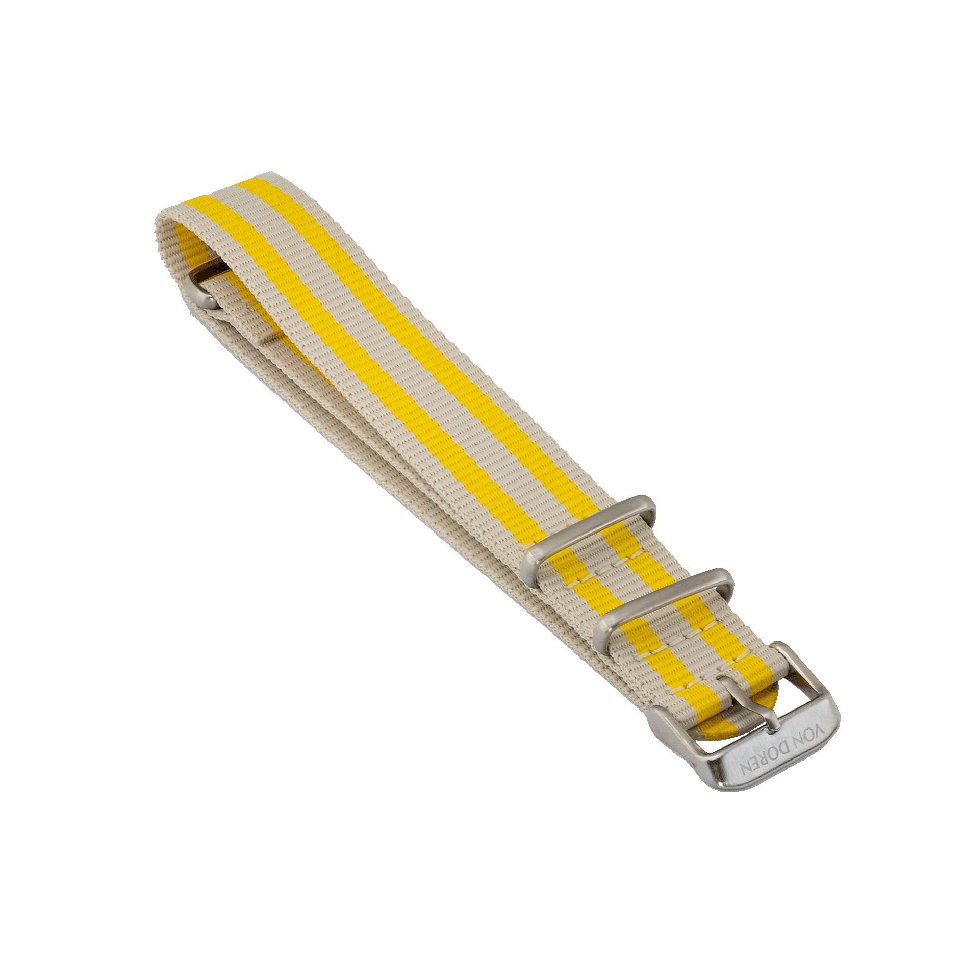 Von Doren NATO-rem i gult og hvitt med Von Doren logoen gravert på spennen.