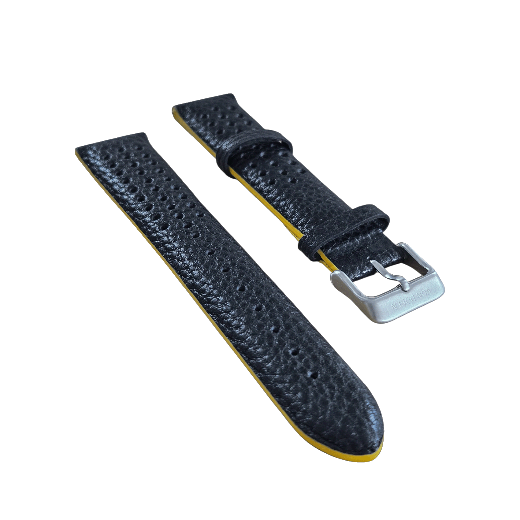 Sort skinnreim med gult skinn på undersiden