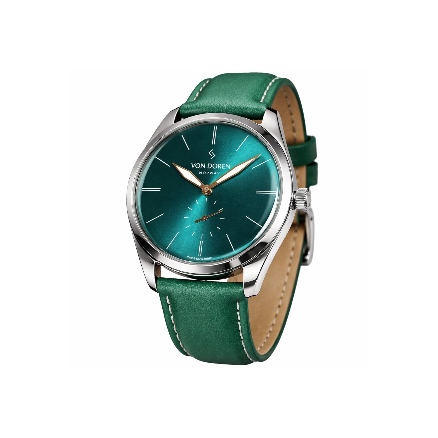 Von Doren Runde Opal. Klokken er i blankt stål, med grønn skive og grønn reim.